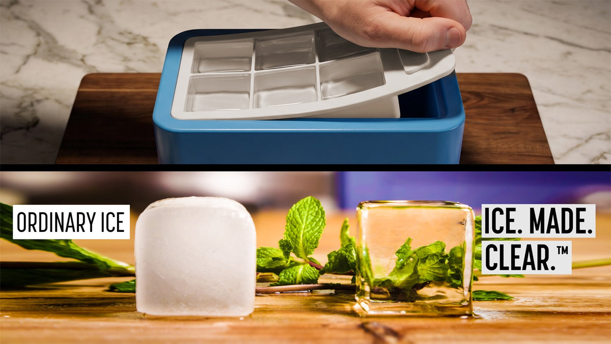 Cloudy ice compared with clear ice, along with the clear ice maker.
